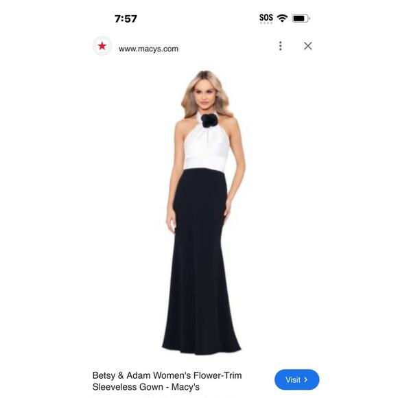 Betsy & Adam Long Scuba Crepe Sleeveless Gown Flower Trim Black White Size 6 NWT - Picture 4 of 13